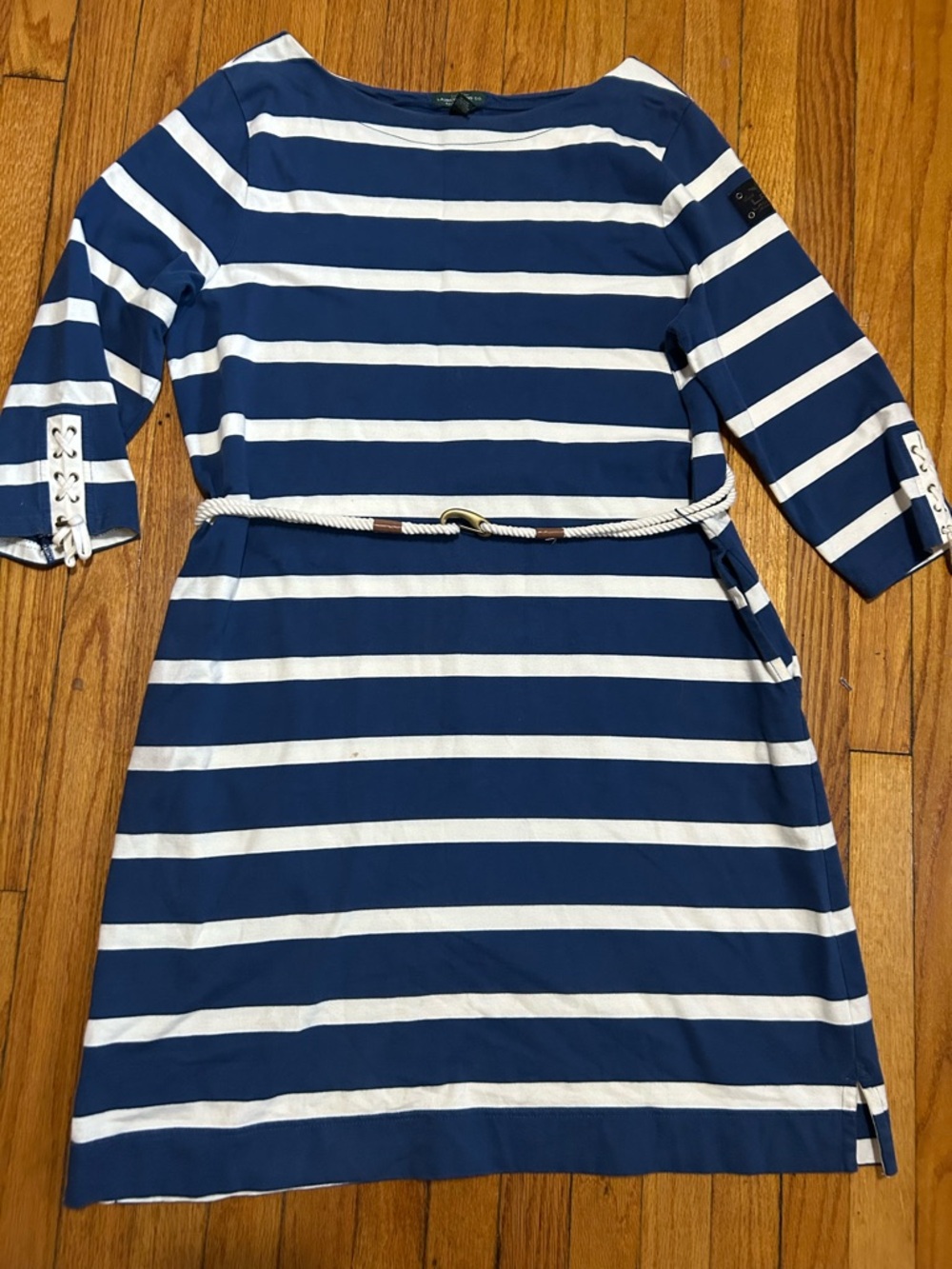 LRL Nautical Navy Striped Dress with 3/4 Lace-Up Sleeves and Rope Belt Size XL